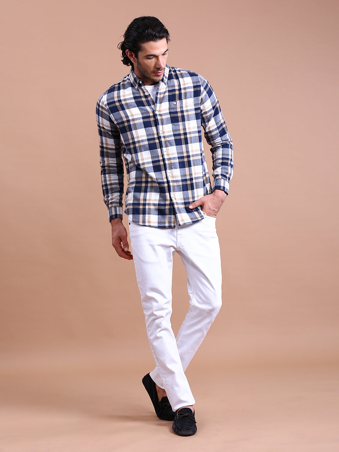 Men Blue & Grey Checks Slim Fit Cotton Casual Shirt