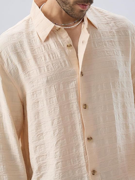 Soft Beige Striped Side-Slit Button Boxy Fit Crop Shirt