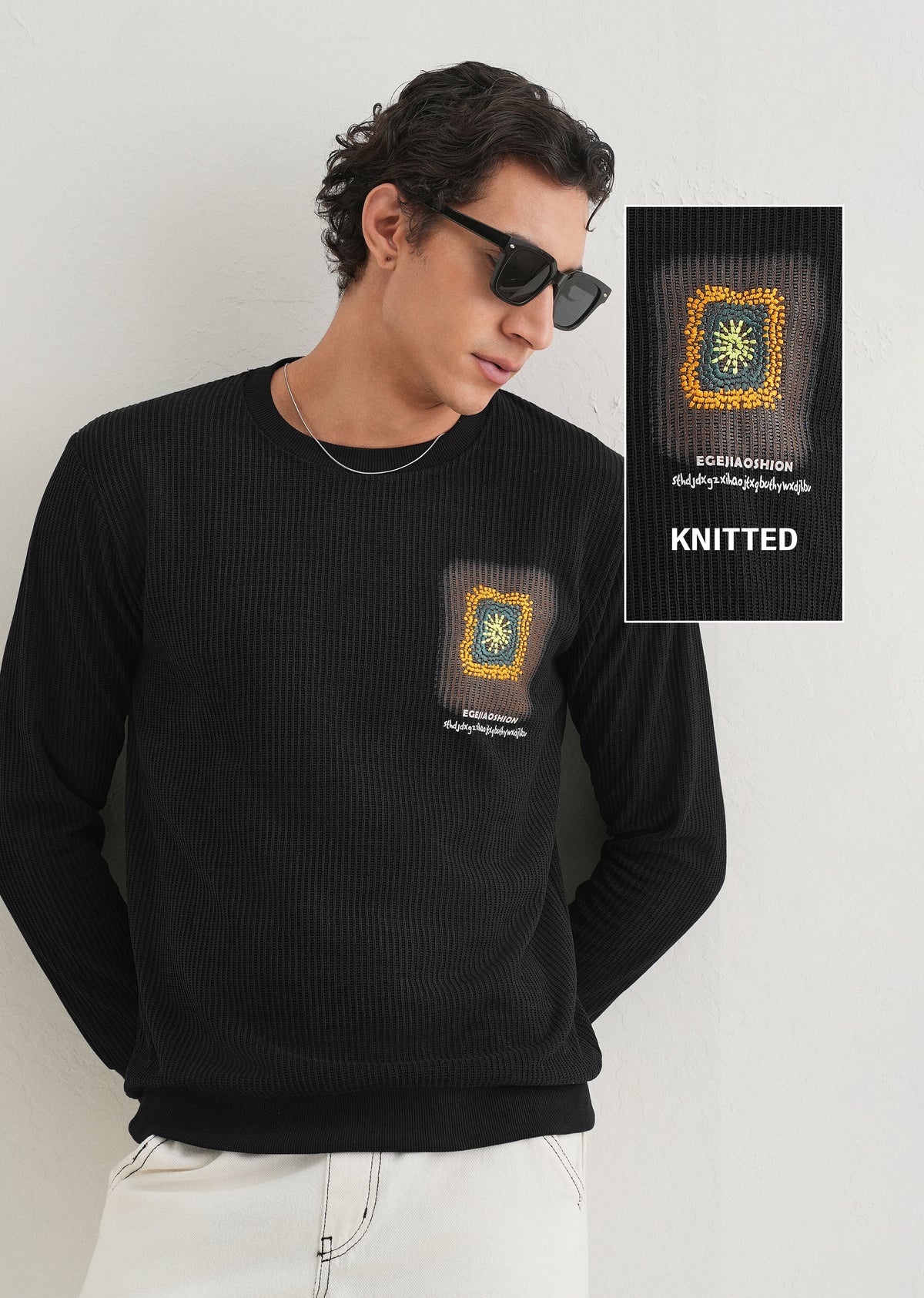Black Waffle Knit Embroidered Pullover