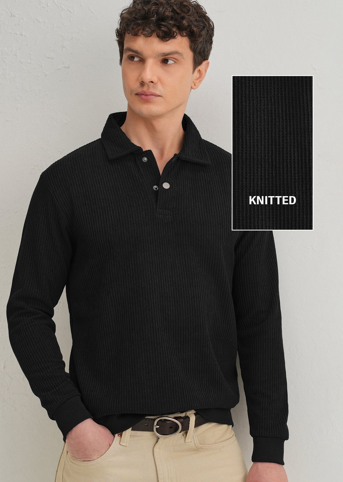 Black Waffle Knit Polo Sweatshirt
