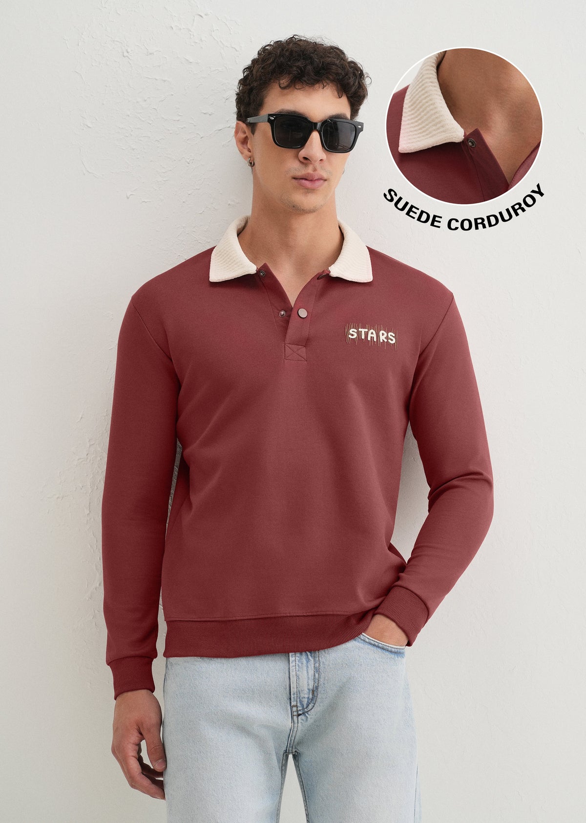 Brick Red Suede Collared Polo Sweatshirt