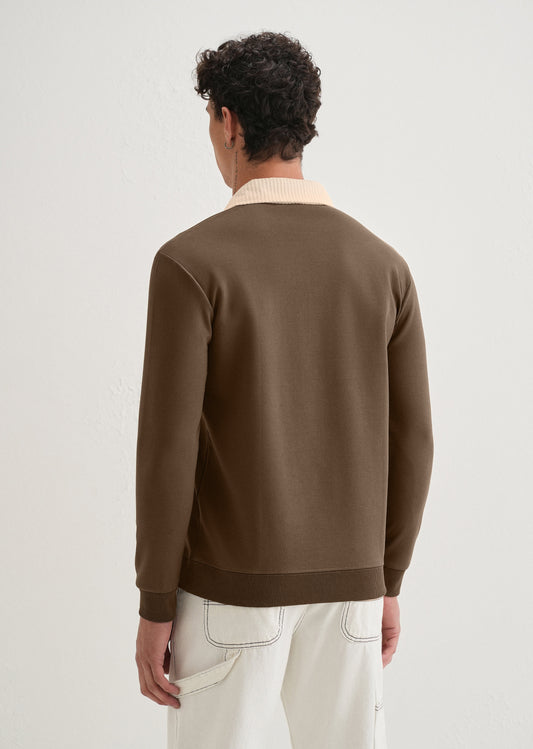Brown Suede Collared Polo Sweatshirt