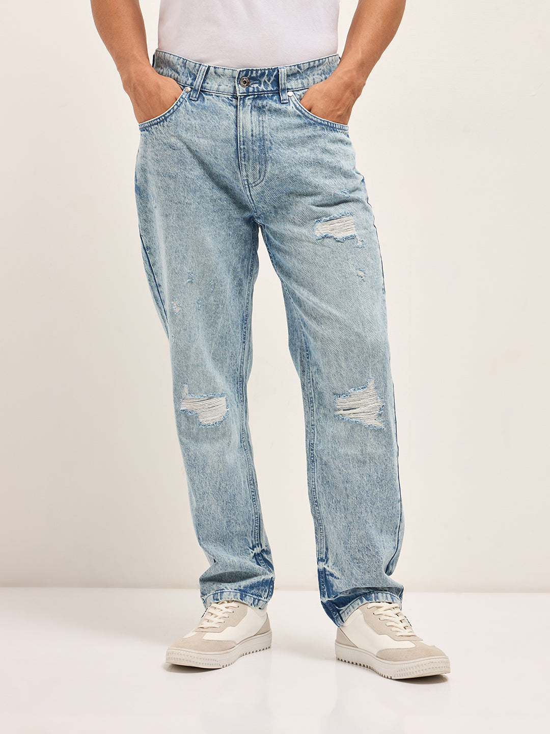 Light Blue with Light Fade Distressed Mid-Rise Straight Fit Jeans