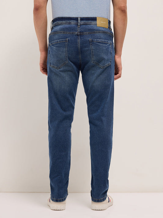 Mid Blue Mid-Rise Slim Fit Jeans with Light Fade