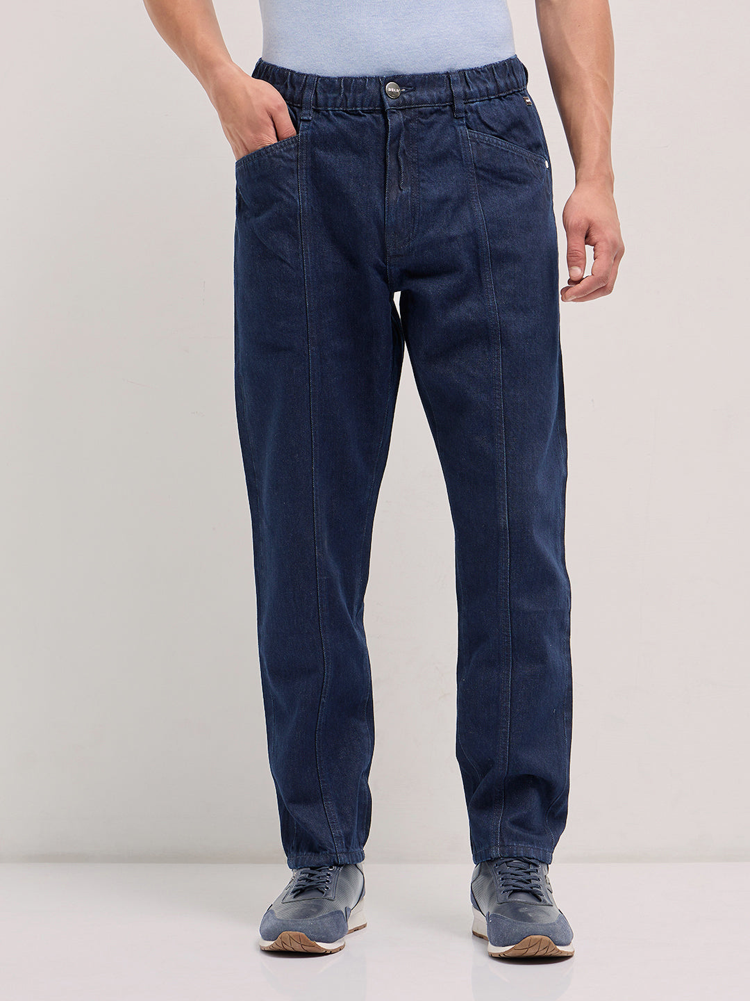Dark Blue Mid-Rise Elasticated Waist Relaxed Fit Jeans