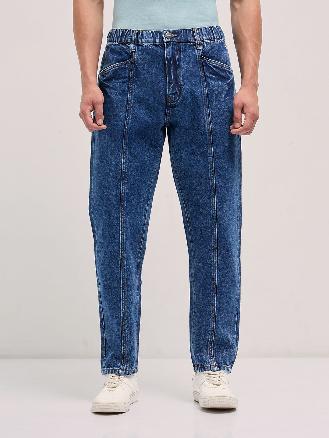 Mid Blue Mid-Rise Elasticated Waist Relaxed Fit Jeans