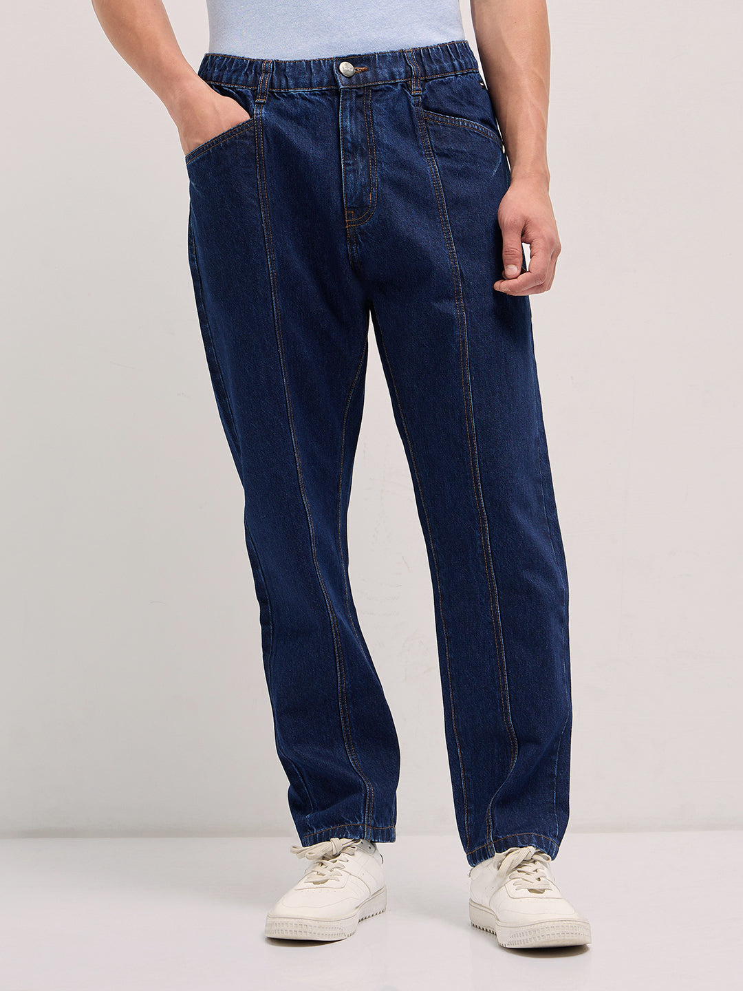 Dark Blue Mid-Rise Elasticated Waist Relaxed Fit Jeans