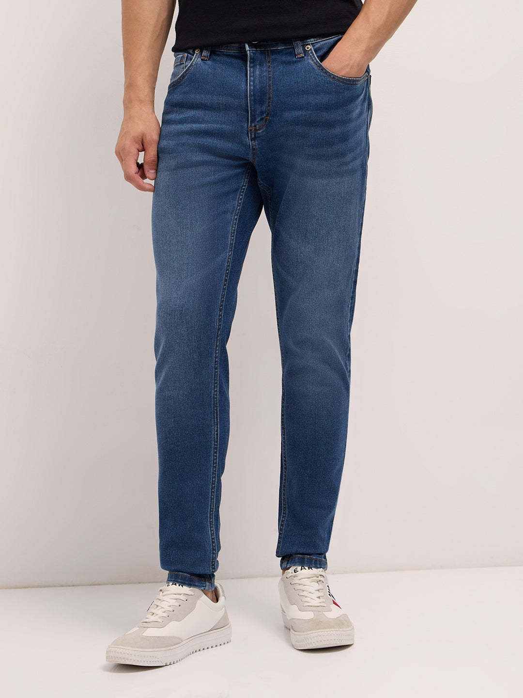 Mid Blue Mid-Rise Skinny Fit Jeans with Light Fade