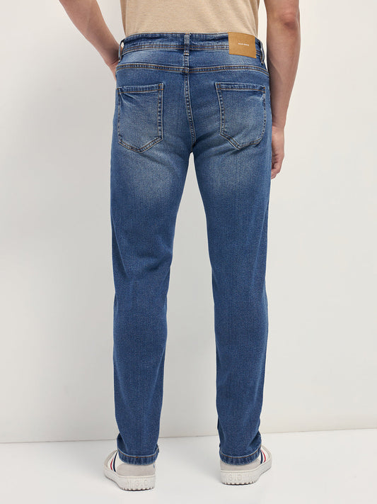 Mid Blue Mid-Rise Slim Fit Jeans with Light Fade