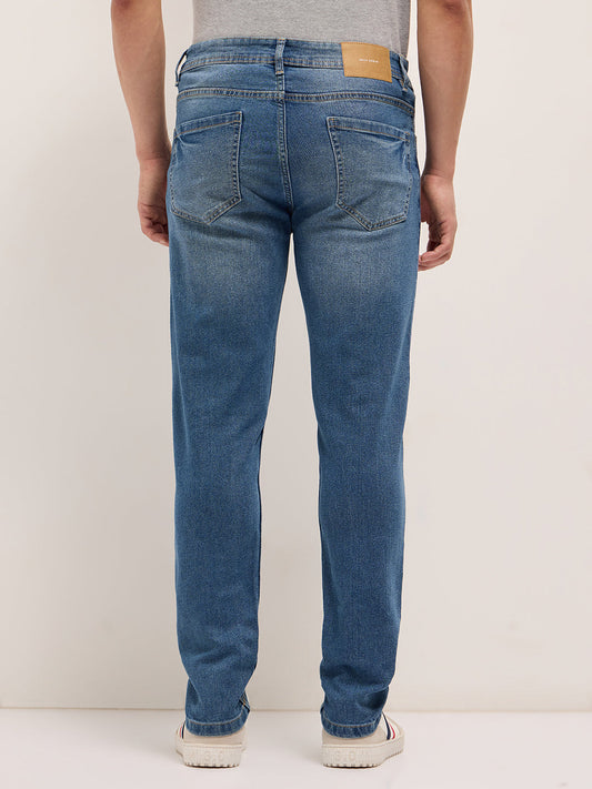 Mid Blue Mid-Rise Slim Fit Jeans with Light Fade