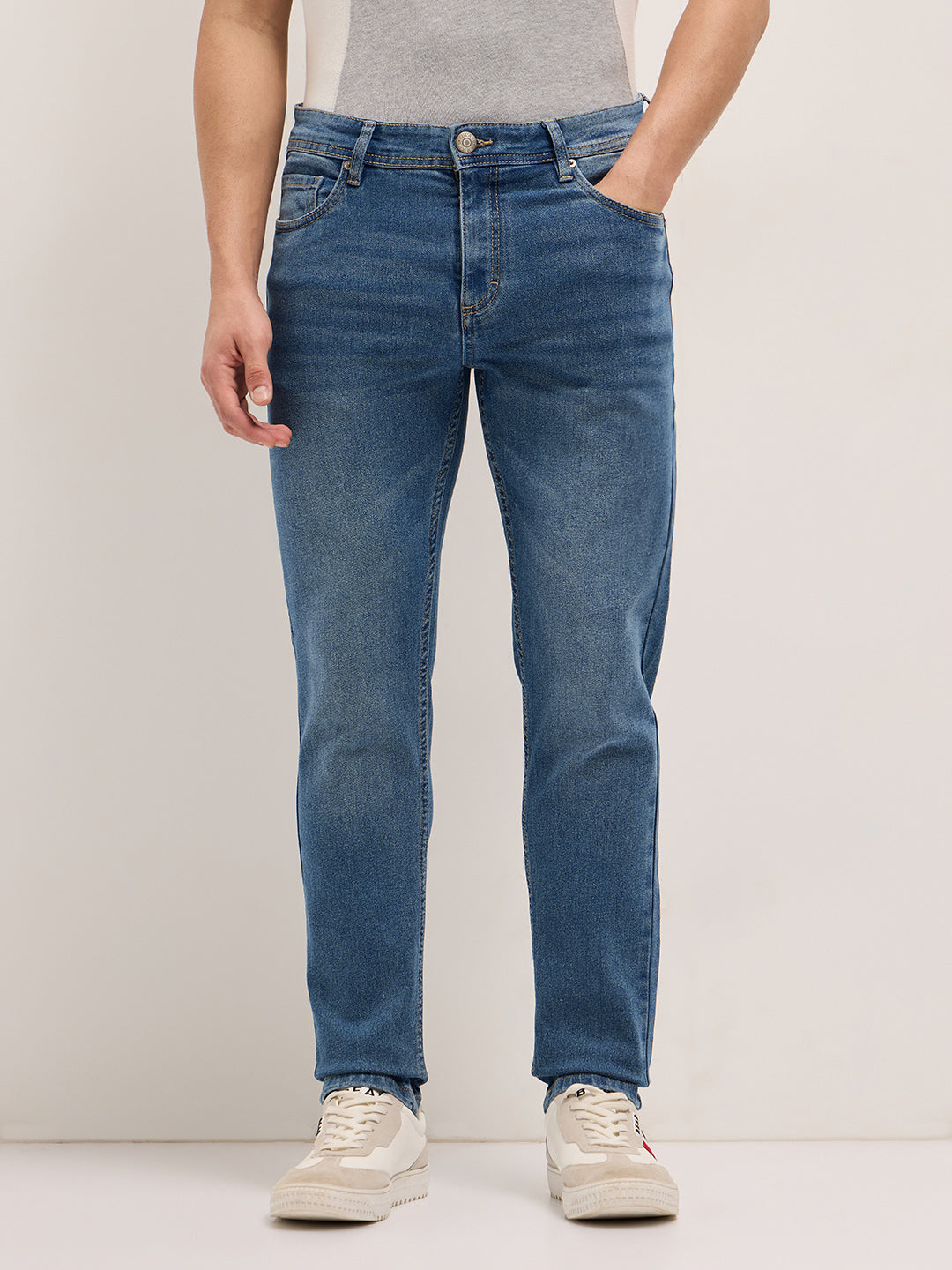 Mid Blue Mid-Rise Slim Fit Jeans with Light Fade