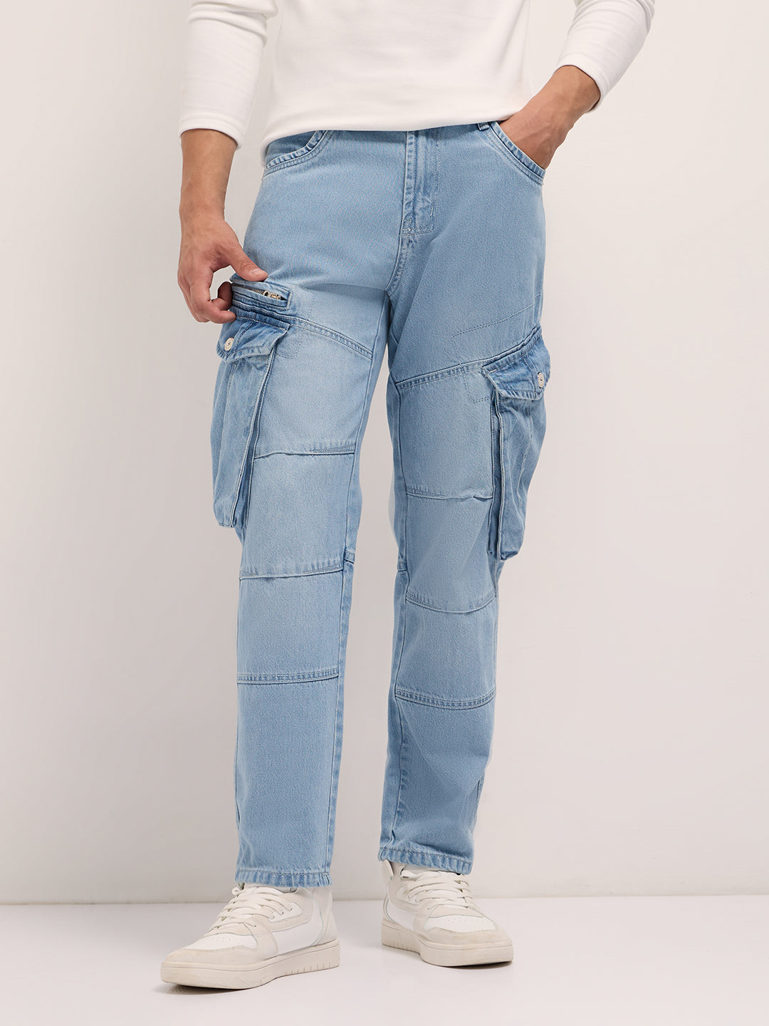 Light Blue Mid-Rise Straight Fit Cargo Jeans with Utility Pockets