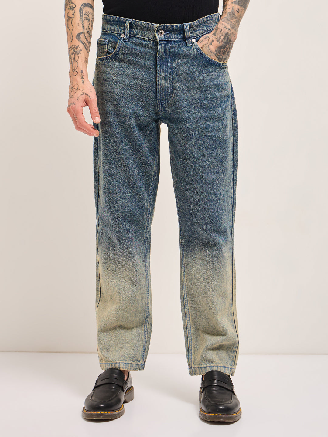 Mid Blue Mid-Rise Straight Fit Jeans with Heavy Gradient Fade