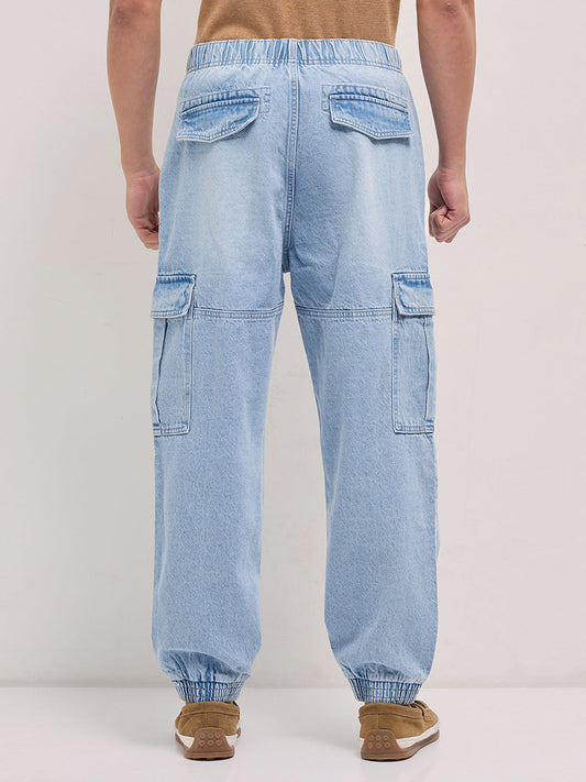 Light Blue Baggy Fit Jogger-Style jean with Cargo Pockets