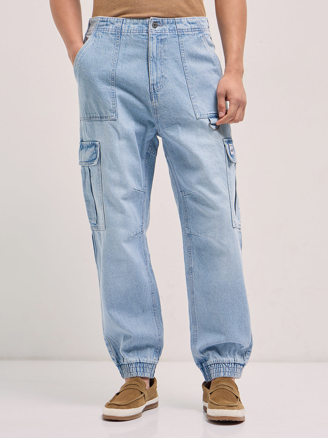 Light Blue Baggy Fit Jogger-Style jean with Cargo Pockets