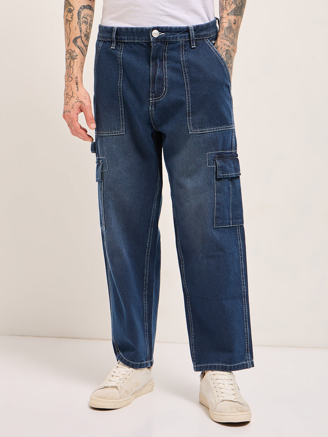 Dark Blue with Mid Fade Mid-Rise Baggy Fit Cargo Jeans