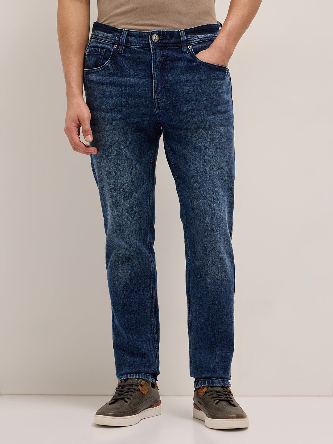 Mid Blue Mid-Rise Slim Fit Jeans with Light Fade