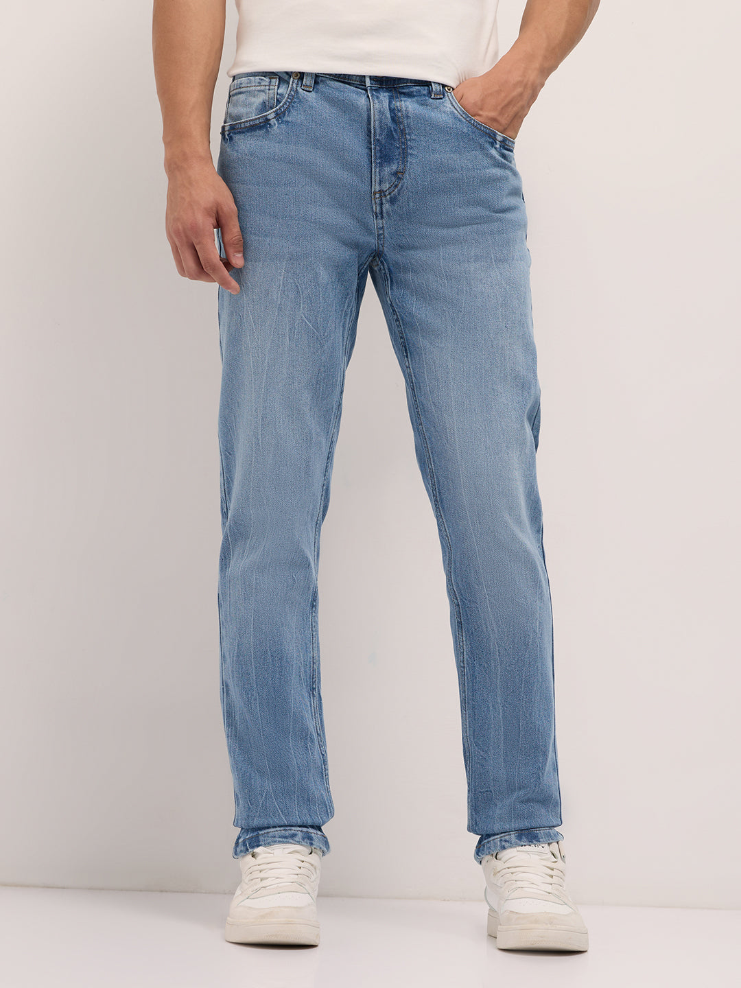 Light Blue Mid-Rise Slim Fit Jeans with Light Fade
