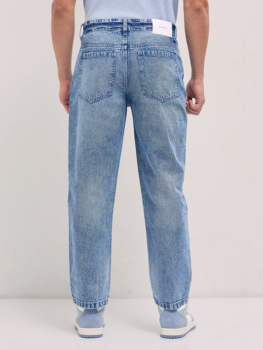 Mid Blue Straight Fit Mid Rise Jean with Light Washed Effect