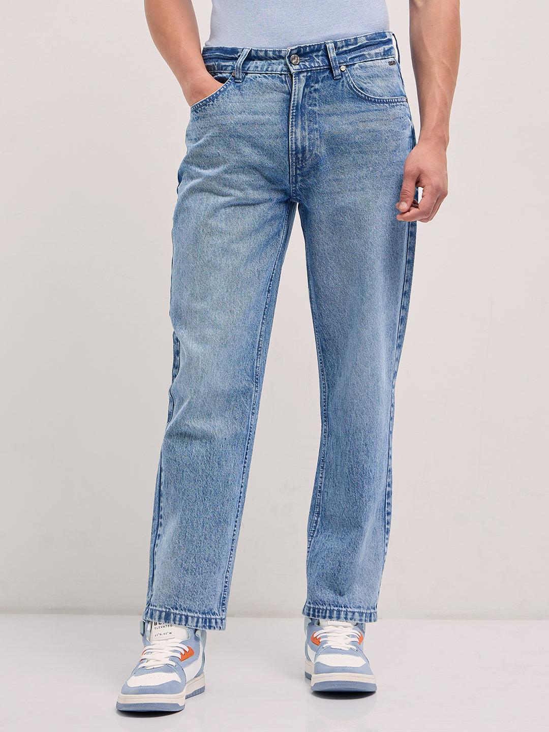 Mid Blue Straight Fit Mid Rise Jean with Light Washed Effect