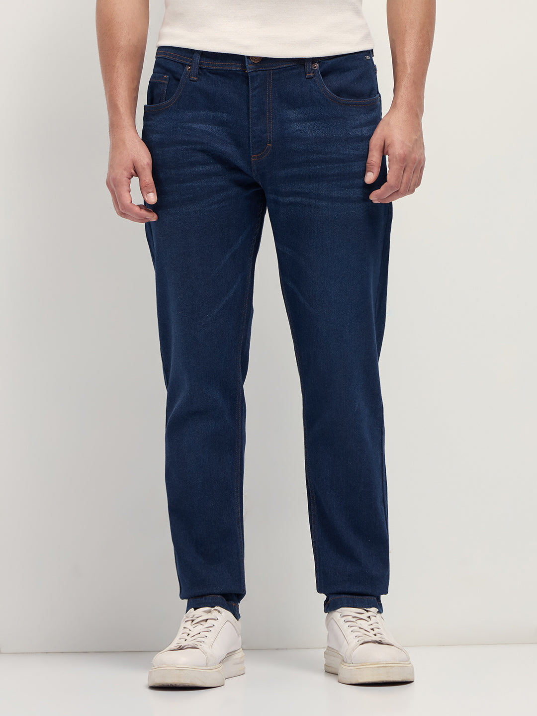 Dark Blue Mid-Rise Slim Fit Jeans with Light Fade