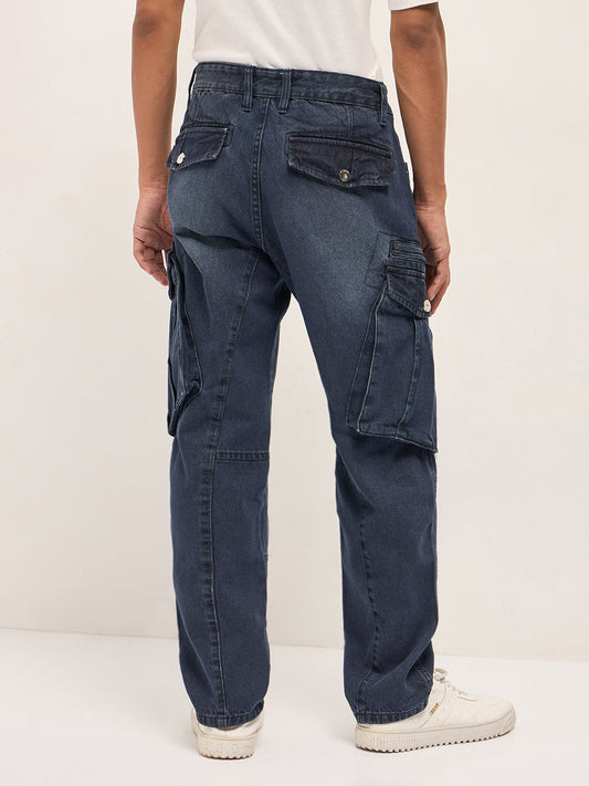 Mid Blue Faded Straight Fit Cargo Denim with Utility Pockets