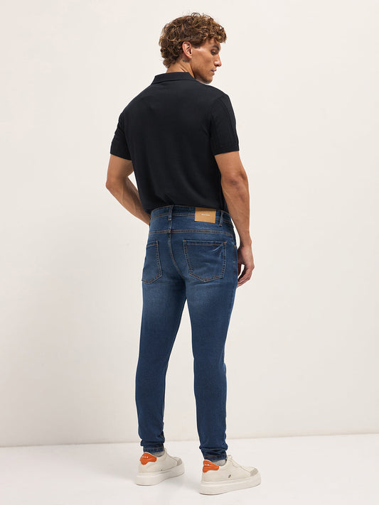 Dark Blue Mid-Rise Skinny Fit Jeans with Mid Fade