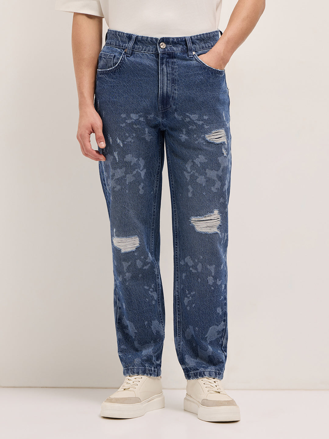 Blue Straight Fit Jeans with Distressed & Bleached Effect