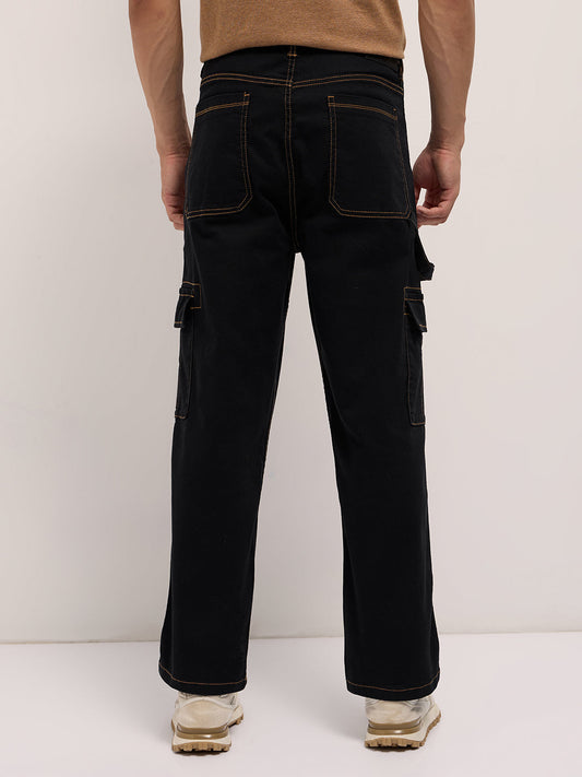 Black Mid-Rise Baggy Fit Cargo Jeans