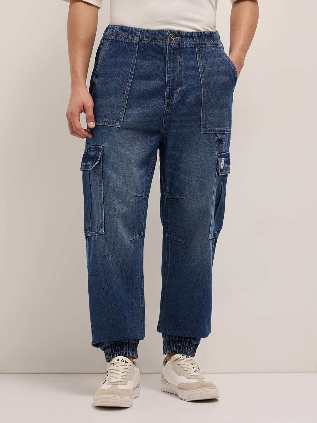 Mid Blue Baggy Fit Jogger-Style jean with Cargo Pockets
