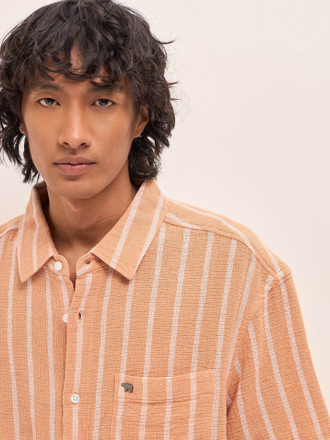 Peach Vertical Textured Woven Stripe Relaxed Fit Casual Shirt