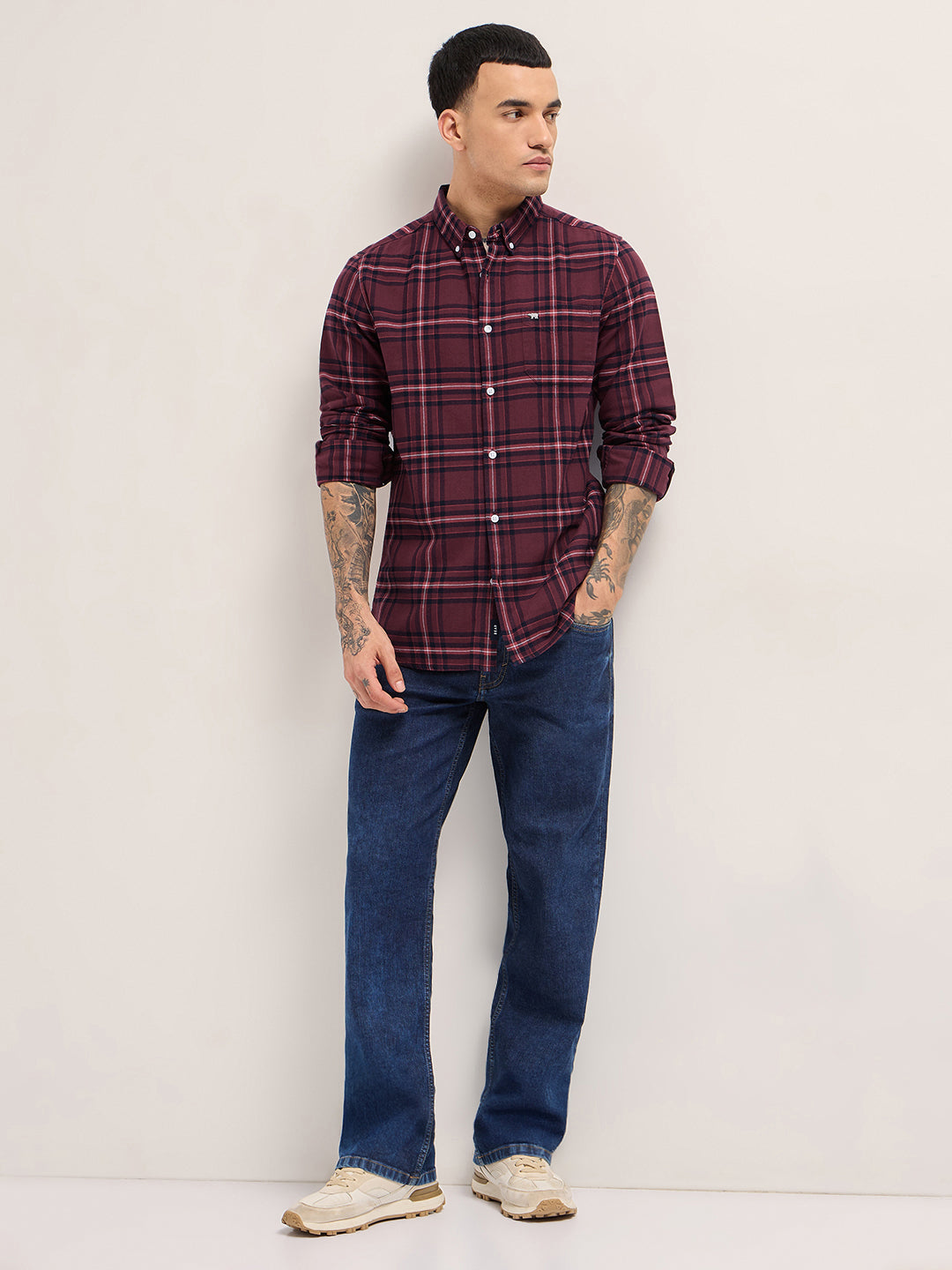 Maroon Woven Checked Slim Fit Casual Shirt