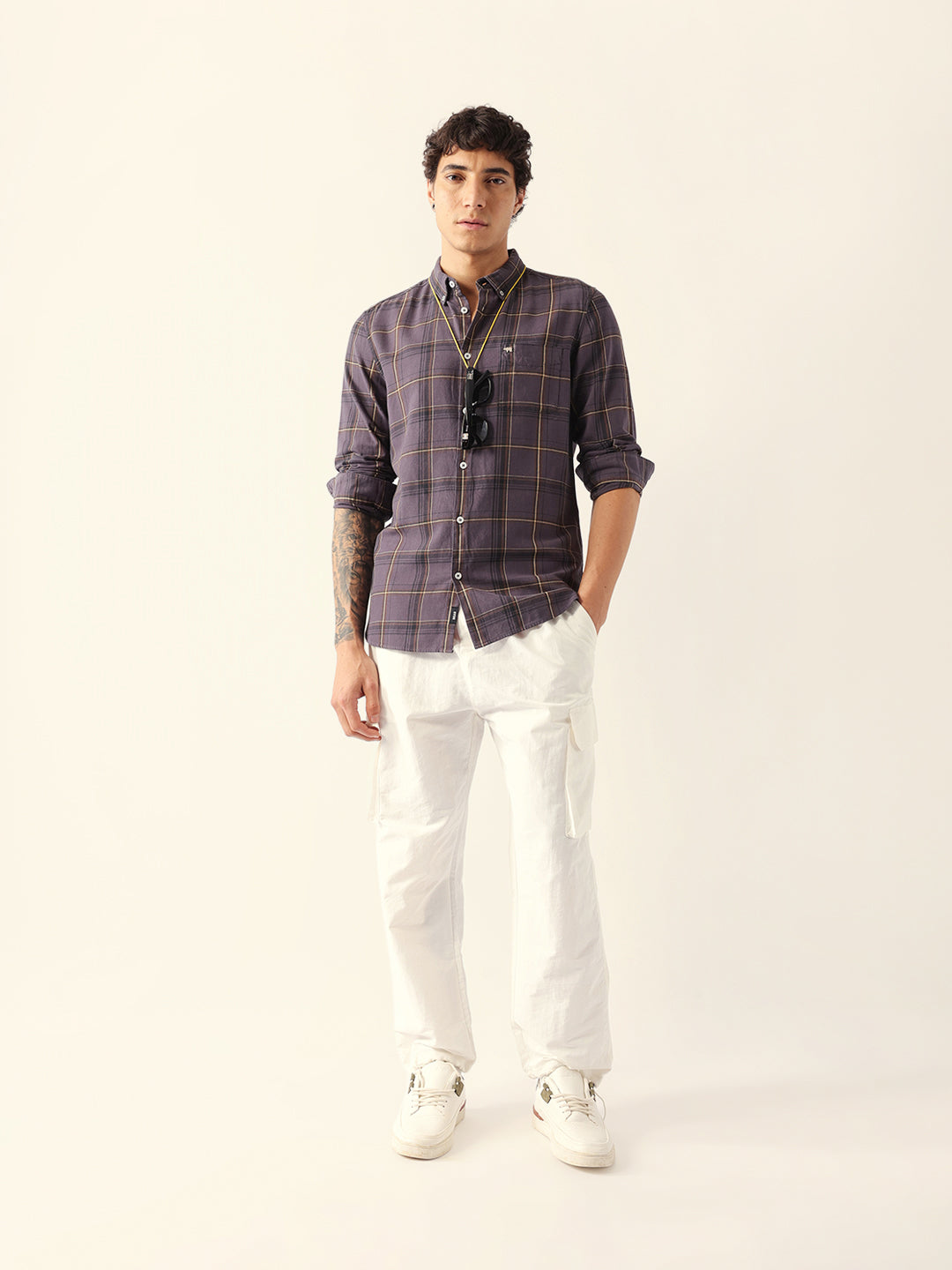 Grey Woven Checked Slim Fit Casual Shirt