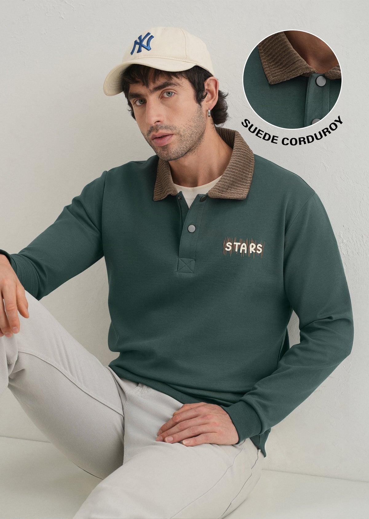 Green Suede Collared Polo Sweatshirt