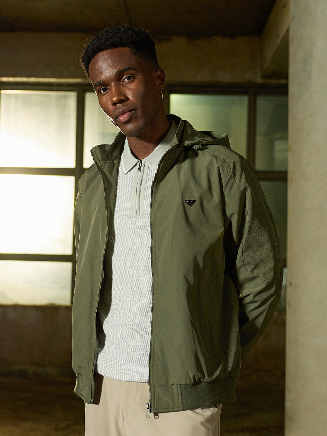 Green Regular Fit Bomber Jacket with Detachable Hood & Raglan Sleeves