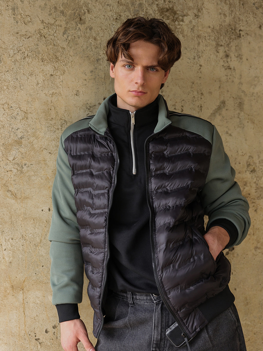 Black Regular Fit Quilted Jacket with Contrast Knit Sleeves and High Neck