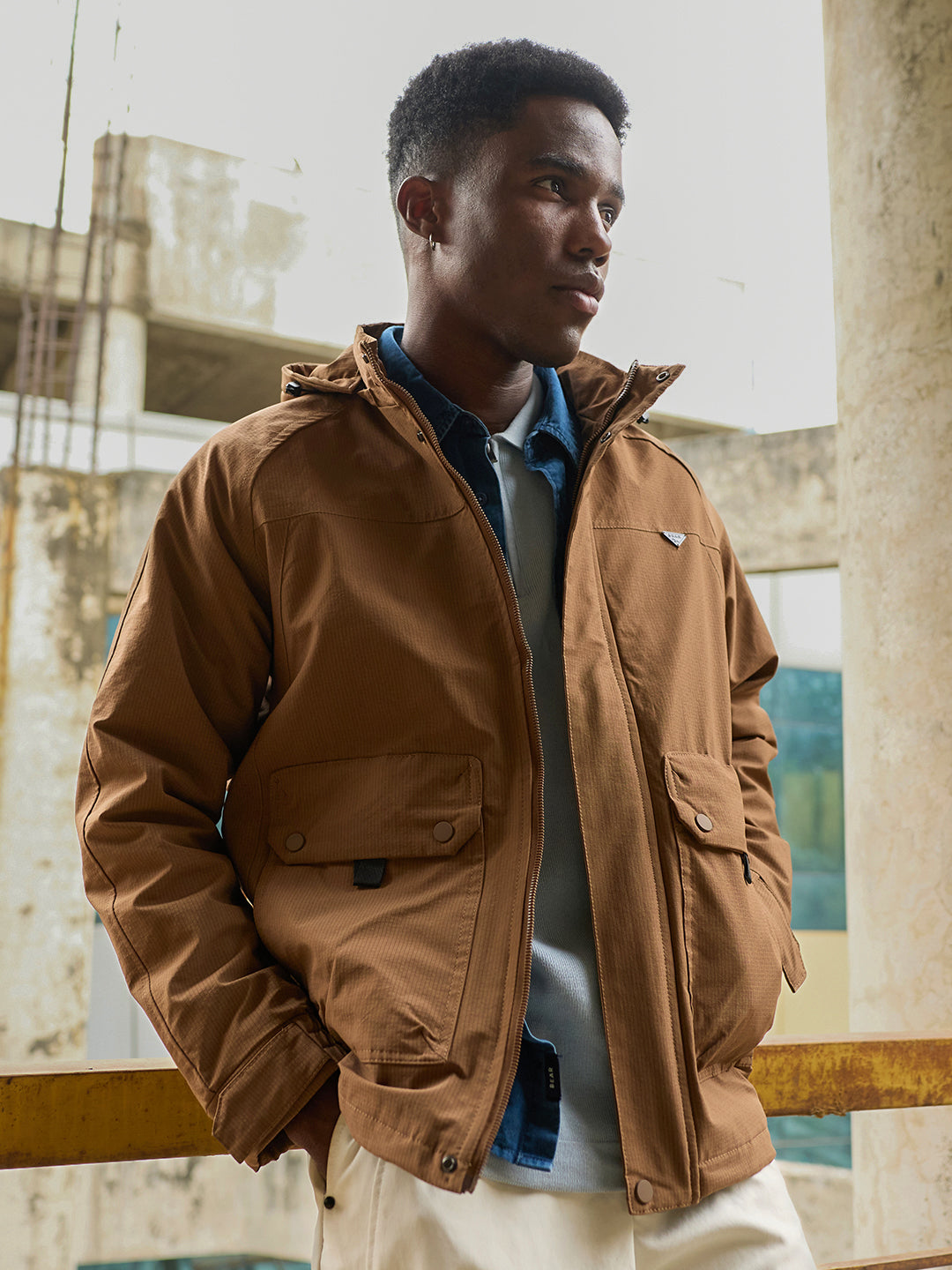 Rust Regular Fit Utility Jacket with Detachable Hood, Raglan Sleeves & Multi-Pockets