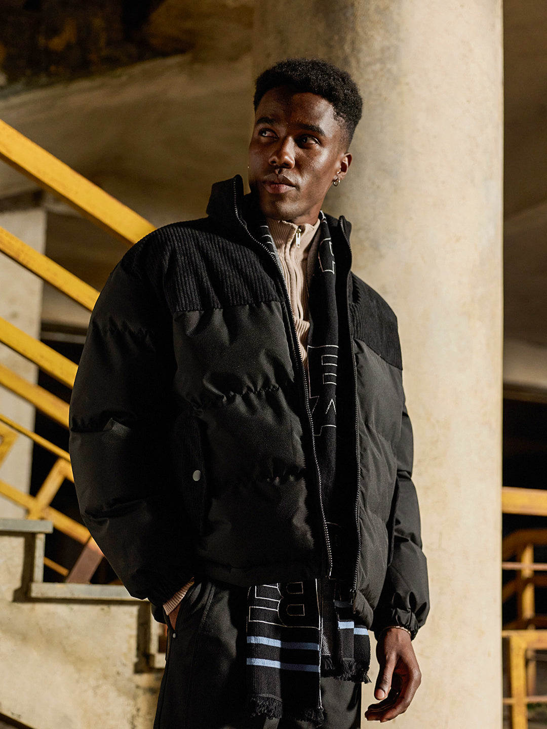 Black Regular Fit Quilted Stand Collar Jacket with Corduroy Detailing