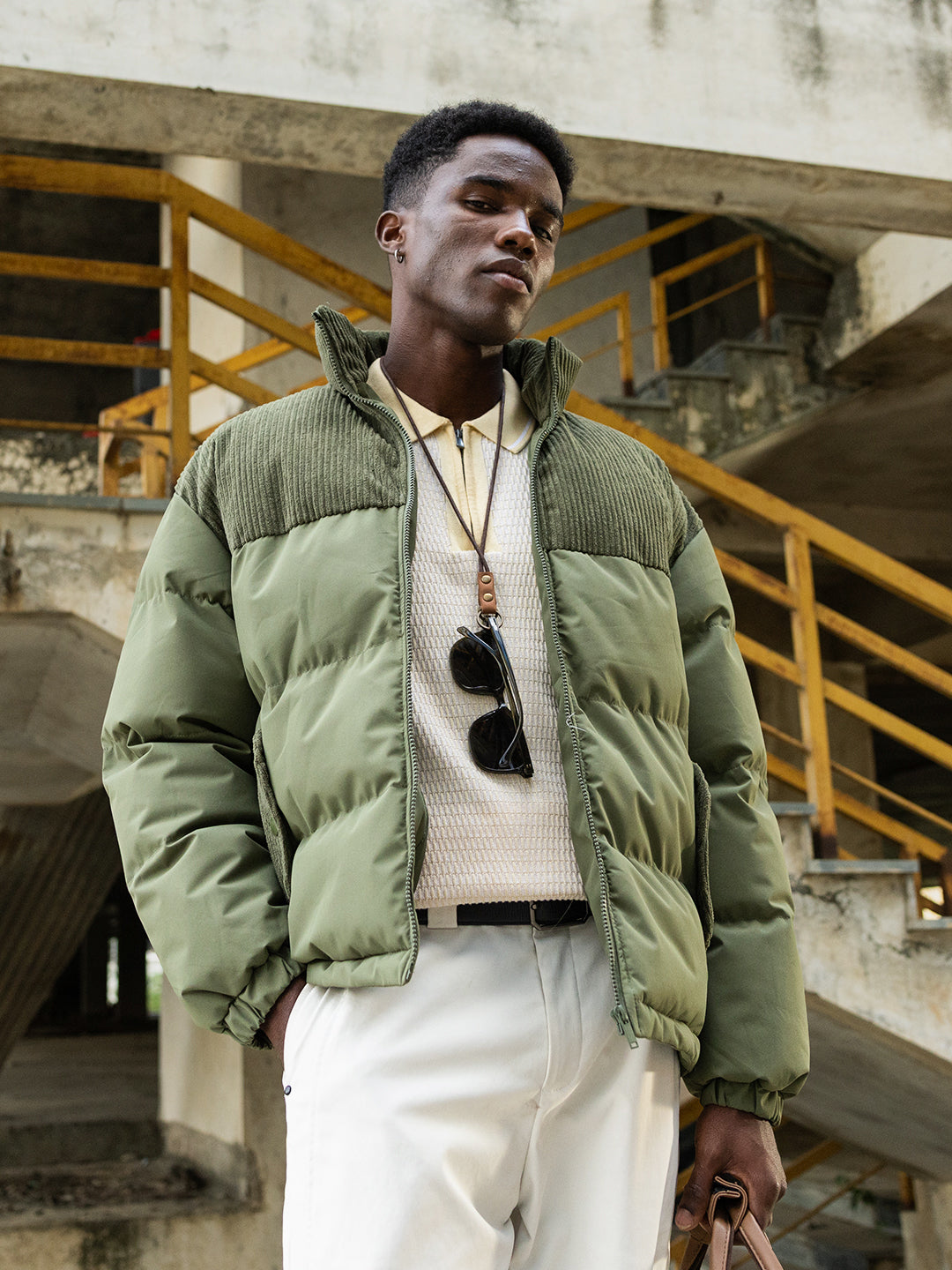 Olive Regular Fit Quilted Stand Collar Jacket with Corduroy Detailing