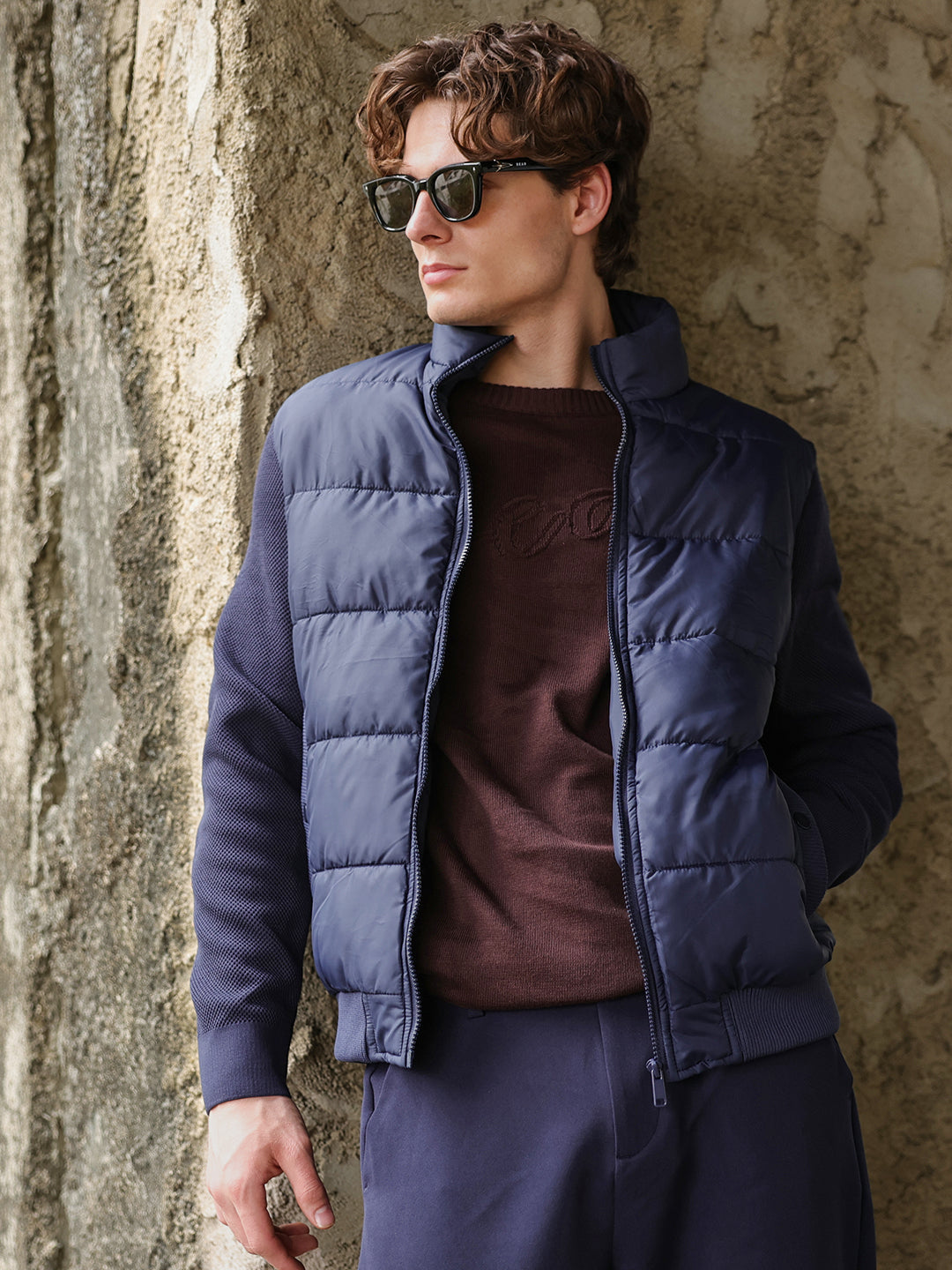Navy Regular Fit Puffer Jacket with High Neck and Textured Knitted Sleeves