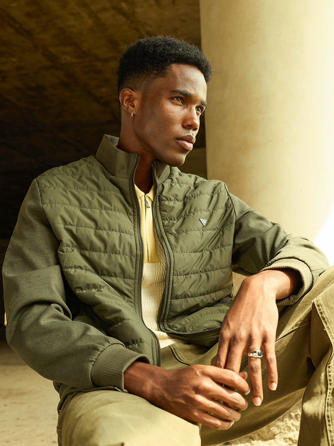 Olive Regular Fit Puffer Jacket with Ribbed High Neck and Concealed Zipper Pockets