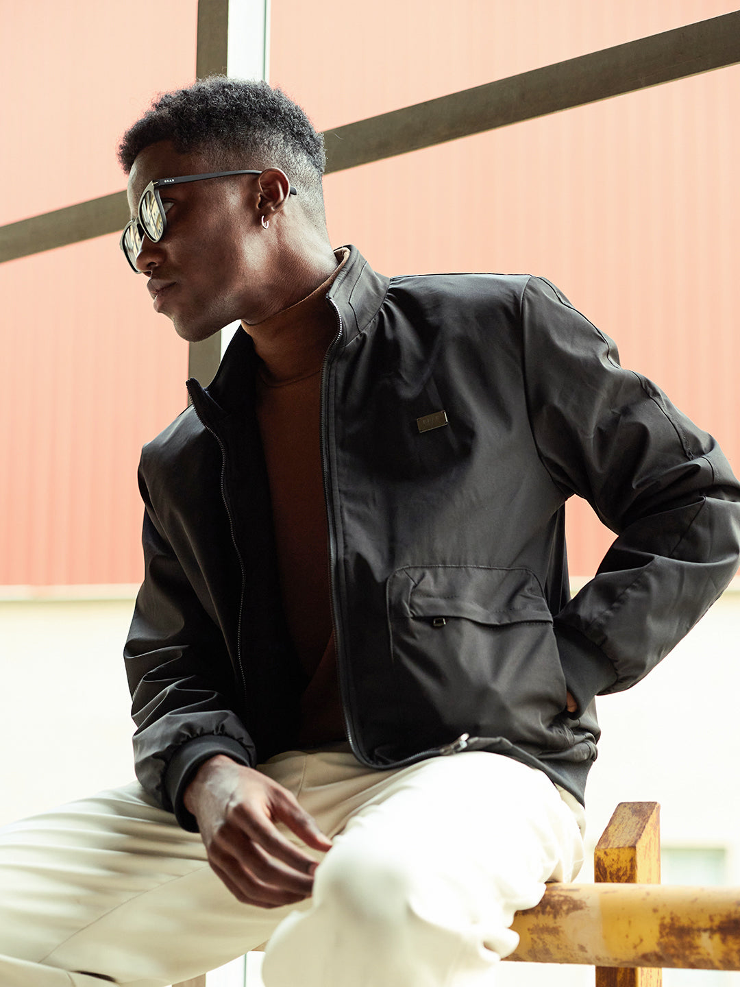 Black Relax Fit Bomber Jacket with High-Neck Design and Cut-and-Sew Sleeves