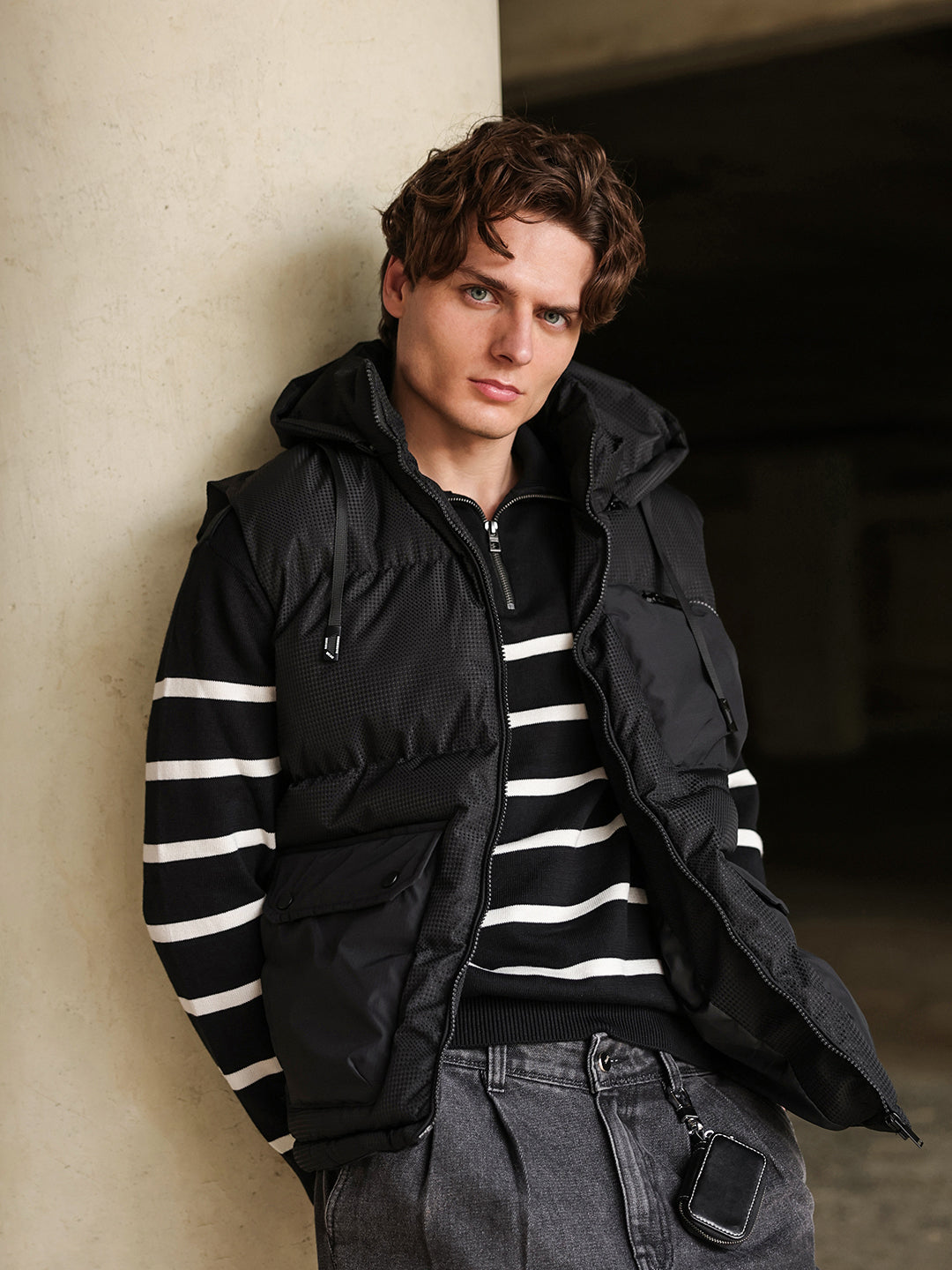 Black Textured Regular Fit Gilet Puffer Jacket with Utility Pockets