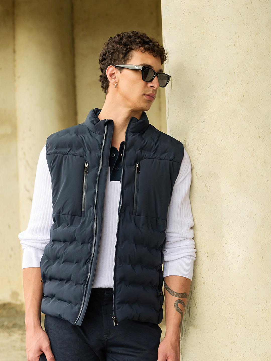 Navy Solid Regular Fit Gilet Puffer Jacket with Utility Zipper Pockets