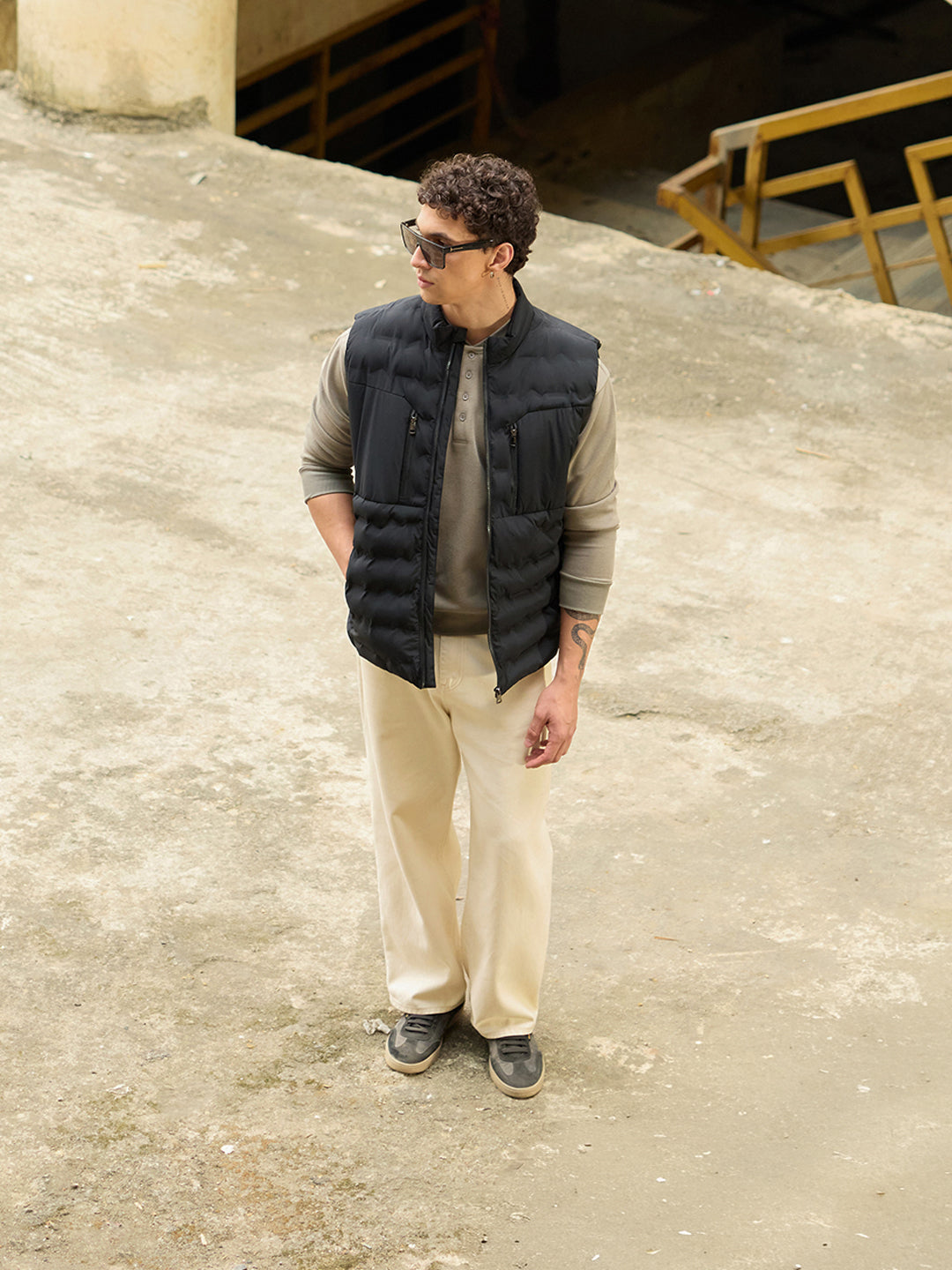 Black Solid Regular Fit Gilet Puffer Jacket with Utility Zipper Pockets