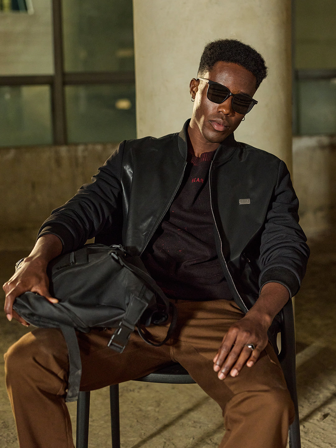 Black Regular Fit Bomber Jacket with Ribbed Mock Neck & Waffle-Textured Sleeves