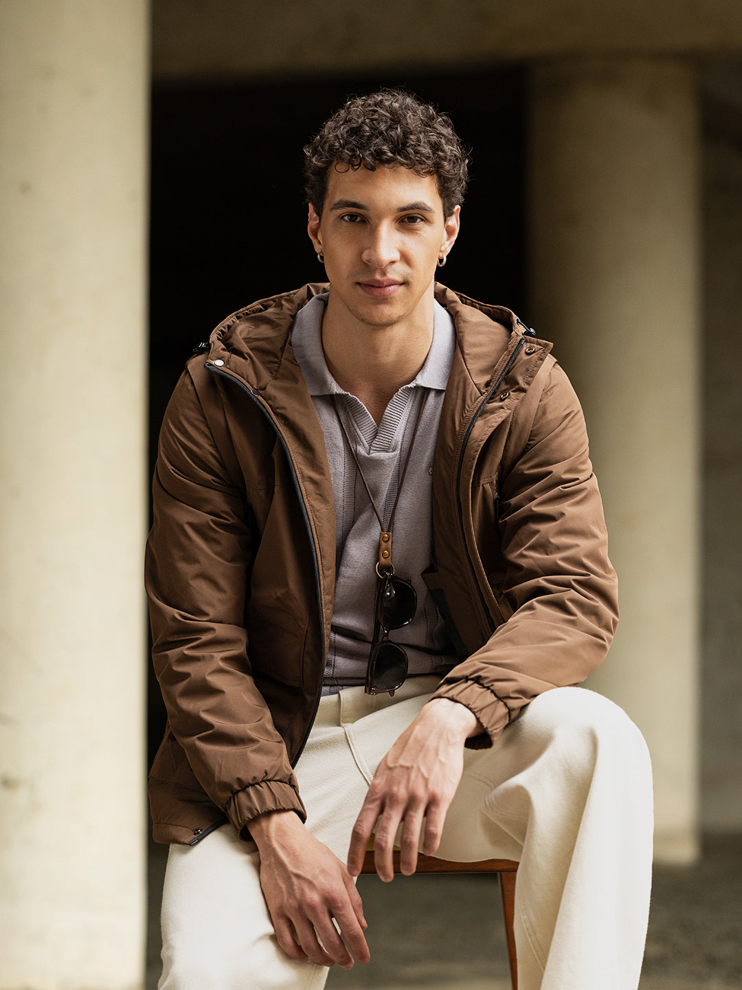 Brown Regular-Fit Utility Jacket with Detachable Sleeves, Water-Repellent Finish & Invisible Zipper Pocket