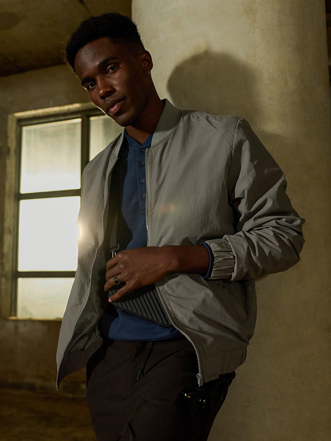 Grey Regular Fit Lightweight Crinkle-Texture Bomber Jacket with Mock Neck