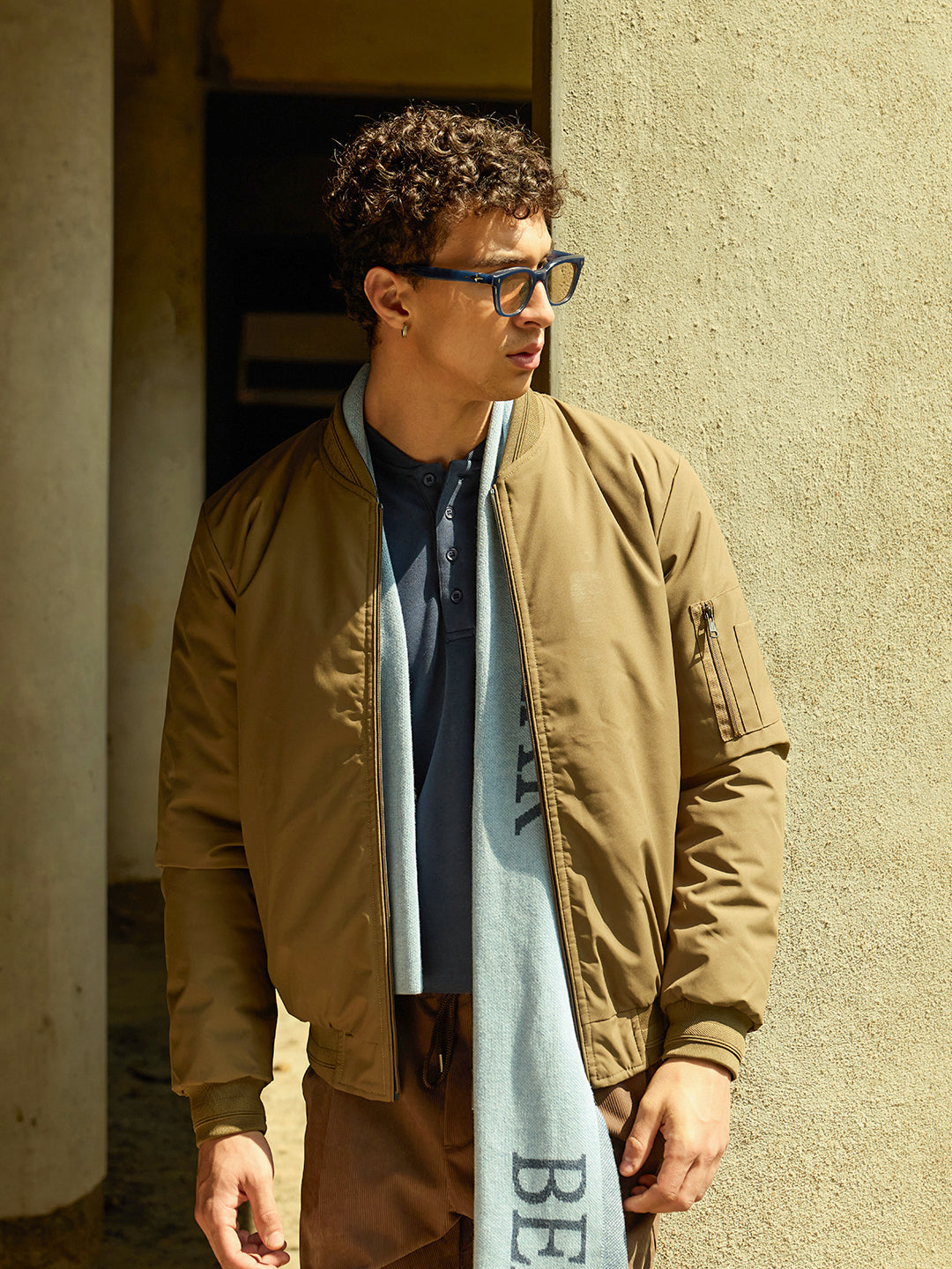 Khaki Reversible Bomber/Quilted Jacket with Mock Neck and Utility Sleeve Pocket