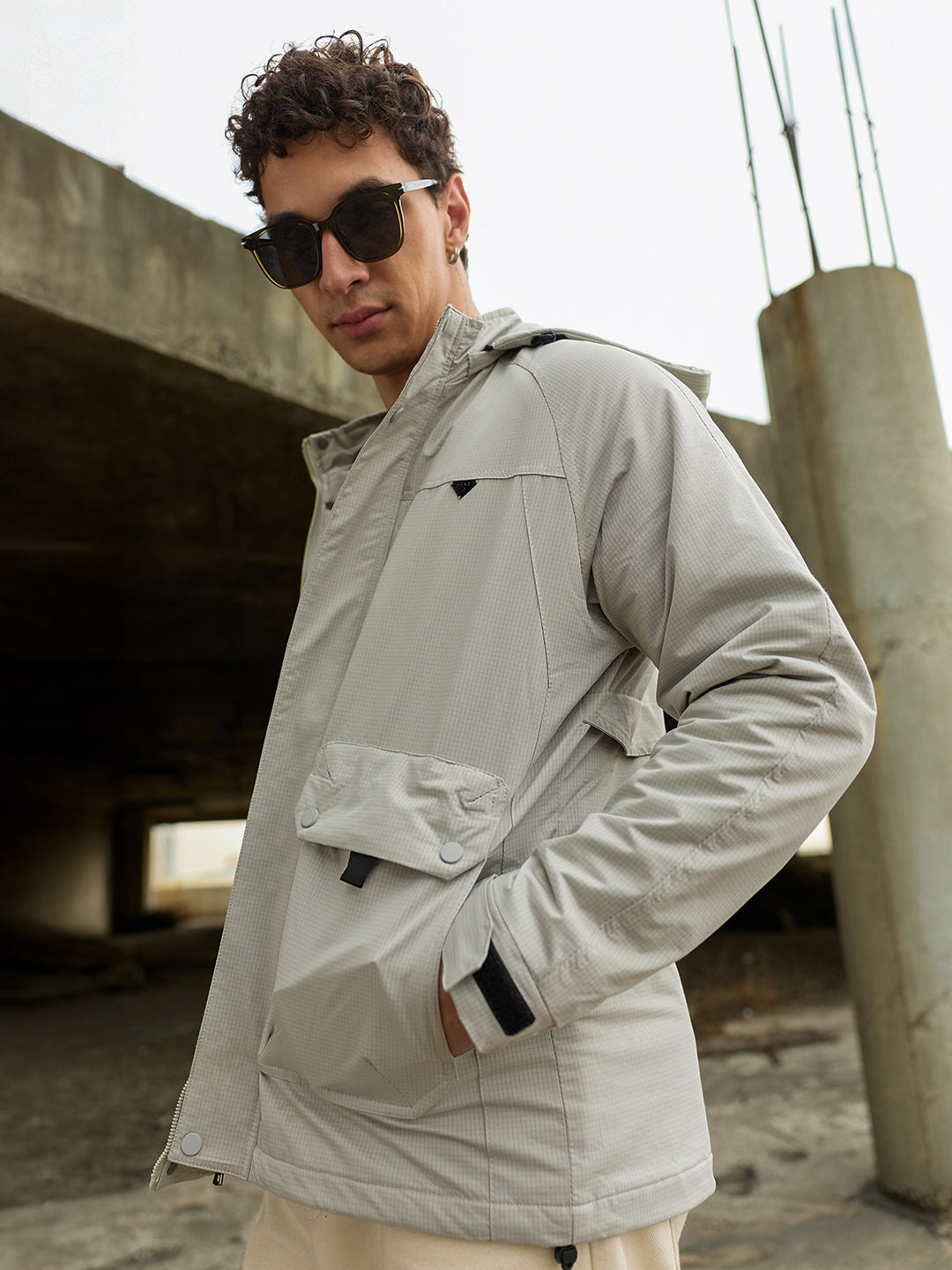 Cream Regular Fit Utility Jacket with Detachable Hood, Raglan Sleeves & Multi-Pockets
